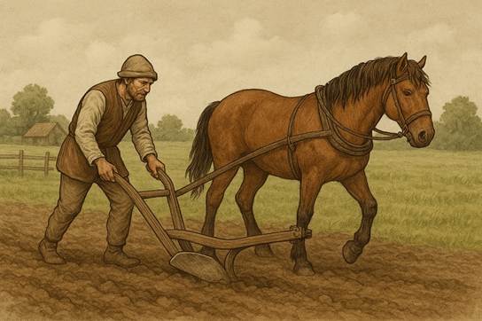 A person plowing a field with a horse
AI-generated content may be incorrect.